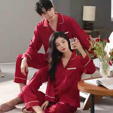 夏芬妍 大红喜庆系列  柔软舒适丝滑结婚本命年翻领冰丝家居服休闲长袖长裤短袖短裤可外穿睡衣套装 男女同款