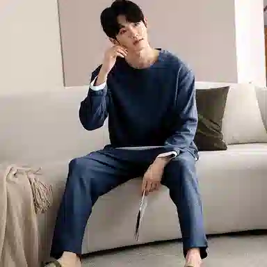 夏芬妍 时尚简约亲肤拼接色纯棉华夫格圆领套头家居服舒适休闲长袖长裤可外穿春秋款睡衣套装 男款 蓝色