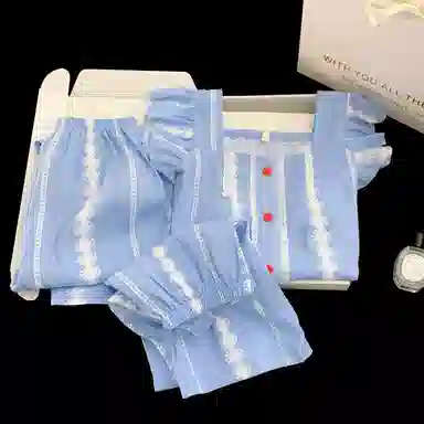 夏芬妍 甜美少女风蕾丝条纹小飞袖家居服舒适柔软休闲带胸垫三件套可外穿睡衣套装 女款