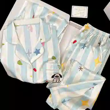 夏芬妍 甜美休闲舒适条纹星星小狗冰丝家居服亲肤宽松短袖短裤长裤时尚可外穿睡衣套装 女款