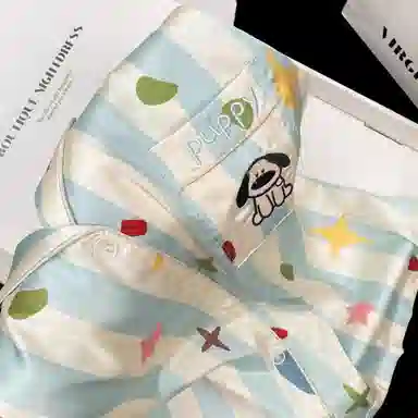 夏芬妍 甜美休闲舒适条纹星星小狗冰丝家居服亲肤宽松短袖短裤长裤时尚可外穿睡衣套装 女款
