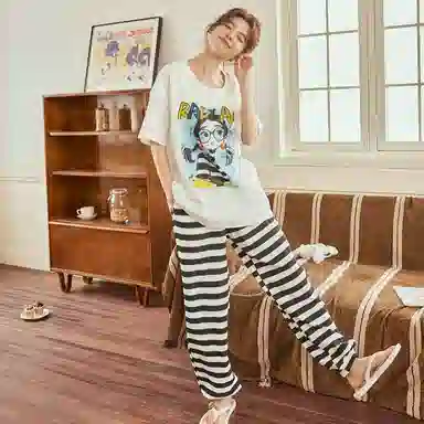夏芬妍 简约舒适可爱卡通休闲亲肤短袖条纹长裤时尚可外穿圆领带胸垫家居服睡衣套装 女款