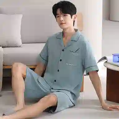 夏芬妍 简约舒适纯色纯棉翻领家居服亲肤宽松休闲短袖短裤长裤三件套时尚可外穿睡衣套装 男款 青蓝色