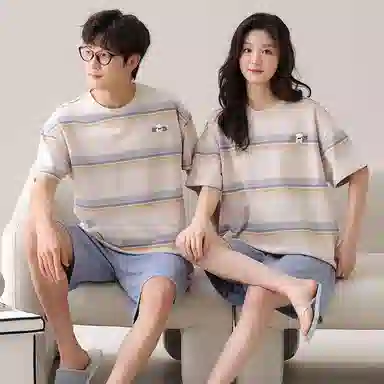 夏芬妍 柔软舒适条纹纯棉圆领家居服休闲舒适短袖时尚可外穿睡衣套装 男女同款