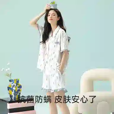 夏芬妍 柔软舒适透气亲肤条纹郁金香翻领家居服休闲凉感短袖时尚可外穿睡衣套装 女款 蓝色