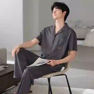 夏芬妍 简约时尚大方柔软舒适规则纹理翻领家居服亲肤休闲短袖长裤可外穿睡衣套装 男款 棕色