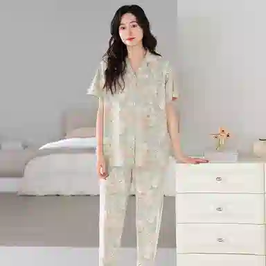 夏芬妍 简约柔软舒适花卉满印翻领短袖上衣家居服亲肤休闲可外穿长裤睡衣套装 女款 灰绿色