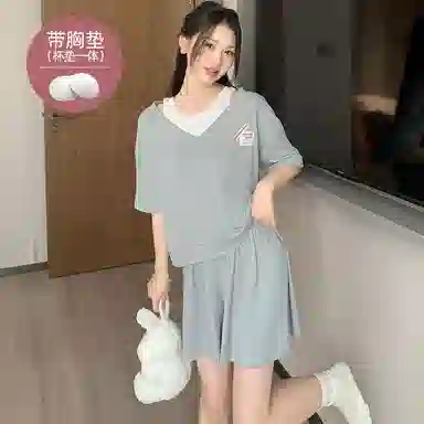夏芬妍 柔软舒适甜美纯色假两件冰丝螺纹家居服亲肤休闲带胸垫短袖短裤时尚可外穿睡衣套装 女款 灰色