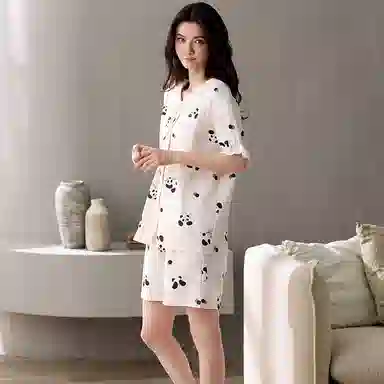 夏芬妍 简约舒适柔软花边熊猫翻领领纯棉家居服透气亲肤宽松短袖短裤可外穿睡衣套装 女款 杏色