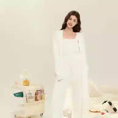 夏芬妍 简约时尚亲肤吊带浴袍三件套家居服保暖舒适休闲可外穿长袖长裤睡衣套装 女款 白色