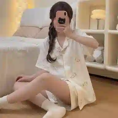 夏芬妍 柔软舒适幸运兔云朵棉翻领开衫家居服亲肤休闲短袖短裤可外穿睡衣套装 女款 杏色