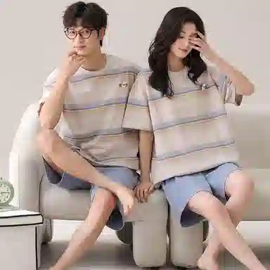 夏芬妍 柔软舒适条纹纯棉圆领家居服休闲舒适短袖时尚可外穿睡衣套装 男女同款