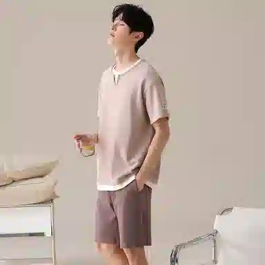 夏芬妍 亲肤舒适假两件纯棉圆领家居服柔软休闲短袖短裤时尚可外穿睡衣套装 男款 棕色