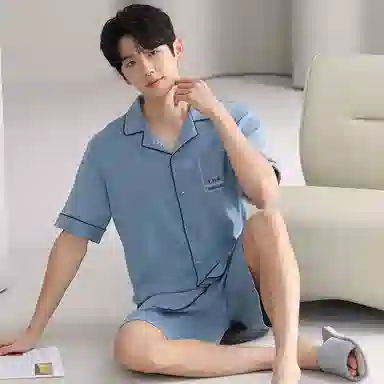 夏芬妍 简约舒适纯色纯棉翻领家居服亲肤宽松休闲短袖短裤长裤三件套时尚可外穿睡衣套装 男款 蓝色