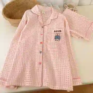夏芬妍 简约甜美风格子小兔棉纱翻领家居服亲肤休闲舒适长袖长裤可外穿春秋款睡衣套装 女款 粉色