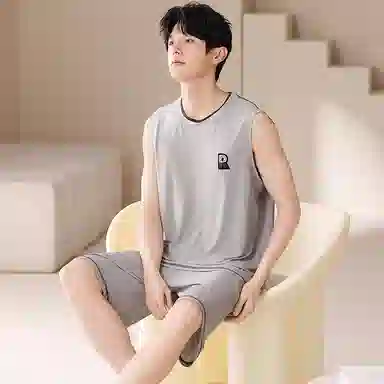 夏芬妍 简约时尚柔软亲肤纯色圆领背心短裤家居服休闲可外穿夏睡衣套装 男款