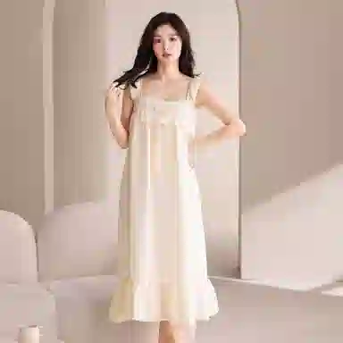 夏芬妍 甜美公主风蕾丝蝴蝶结吊带云朵棉睡衣家居服简约休闲带胸垫可外穿夏季睡裙 女款