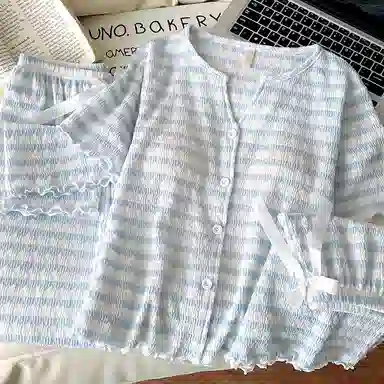 夏芬妍 舒适百搭条纹带胸垫开衫家居服亲肤休闲短袖时尚可外穿睡衣套装 女款 蓝色