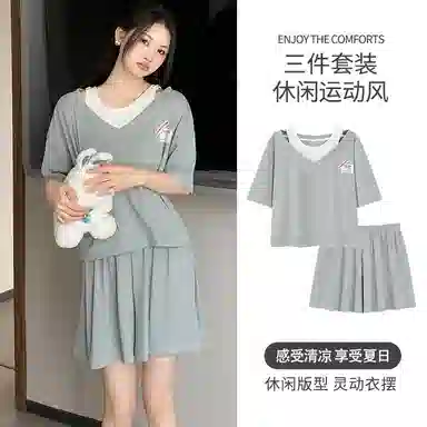 夏芬妍 柔软舒适甜美纯色假两件冰丝螺纹家居服亲肤休闲带胸垫短袖短裤时尚可外穿睡衣套装 女款 灰色