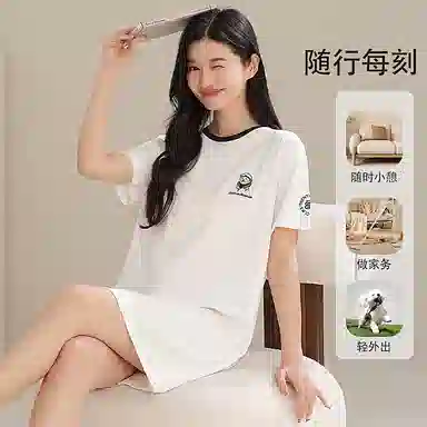 夏芬妍 时尚柔软亲肤海军小熊圆领家居服简约休闲舒适短袖睡衣可外穿睡裙 女款 白色