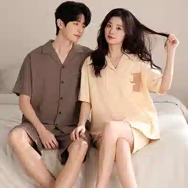 夏芬妍 简约柔软舒适纯色小猫贴袋纯棉翻领家居服透气亲肤宽松短袖短裤可外穿睡衣套装 男女同款
