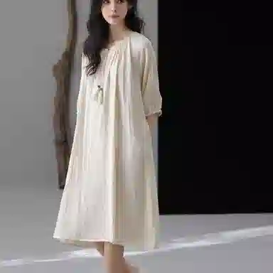 夏芬妍  轻盈舒适柔软侘寂风纯色绑绳睡衣家居服休闲亲肤宽松短袖可外穿睡裙 女款 杏色