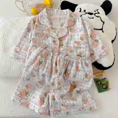 夏芬妍 柔软舒适格子草莓兔云朵棉翻领开衫家居服亲肤休闲短袖短裤休闲可外穿睡衣套装 女款