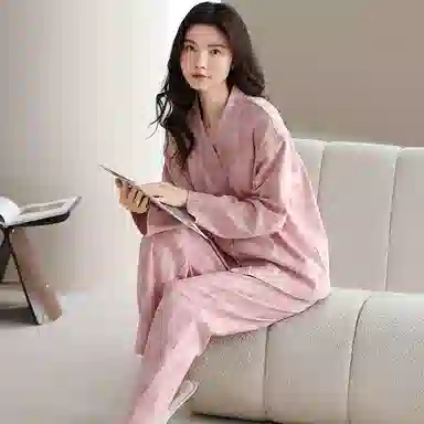夏芬妍 时尚简约亲肤扎染风纯棉带胸垫开衫家居服舒适休闲长袖长裤可外穿春秋款睡衣套装 女款 粉色