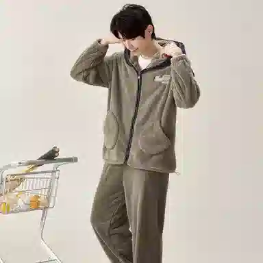 夏芬妍 简约时尚亲肤卡通连帽贵妃绒家居服加绒加厚保暖舒适可外穿秋冬款睡衣套装 男款 海鸥灰