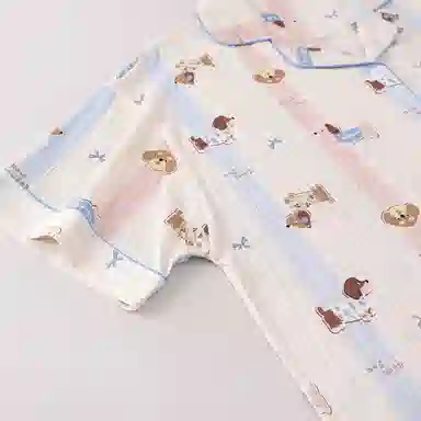 夏芬妍 甜美可爱卡通条纹萌宠翻领云朵棉短袖三件套家居服柔软舒适休闲可外穿睡衣套装 女款