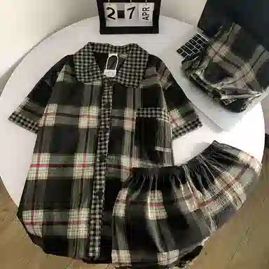 夏芬妍 柔软舒适经典格子云朵棉翻领开衫家居服亲肤休闲短袖三件套时尚可外穿夏季睡衣套装 男女同款