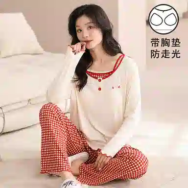 夏芬妍 时尚舒适柔软甜美假两件格子带胸垫家居服简约休闲亲肤宽松长袖长裤可外穿睡衣套装 女款 红色