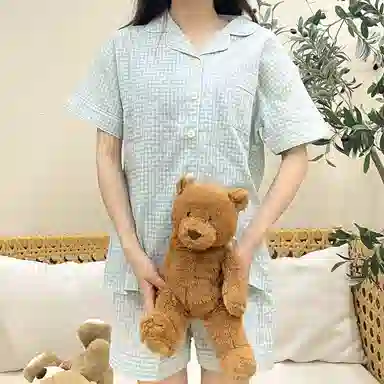 夏芬妍 简约休闲舒适时尚纯色纯棉翻领家居服亲肤宽松短袖短裤可外穿睡衣套装 女款 蓝色