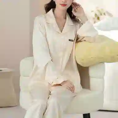 夏芬妍 时尚高级感条纹冰丝翻领家居服简约休闲舒适亲肤宽松长袖长裤可外穿睡衣套装 女款 香槟粉