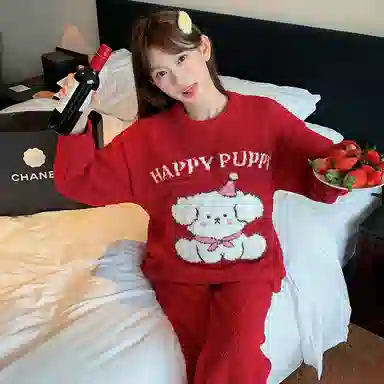 夏芬妍 简约甜美柔软亲肤快乐小狗英文套头半边绒家居服加绒加厚蓄温保暖长袖长裤可外穿秋冬款睡衣套装 女款 红色