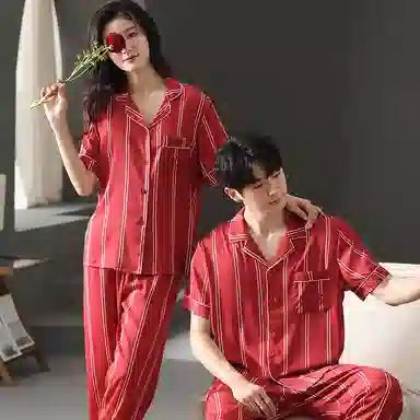 夏芬妍 大红喜庆系列  柔软舒适丝滑结婚本命年翻领条纹冰丝家居服休闲长袖短袖长裤可外穿睡衣套装 男女同款