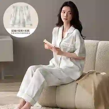 夏芬妍 简约舒适柔软晕染竹子提花纯棉家居服透气亲肤宽松短袖翻领三件套可外穿睡衣套装 女款 淡绿色
