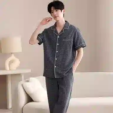夏芬妍 简约舒适柔软百搭格纹云朵棉翻领开衫亲肤休闲短袖长裤时尚可外穿家居服睡衣套装 男款 深灰色