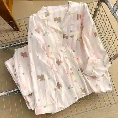 夏芬妍 甜美舒适柔软条纹卡通小熊翻领带胸垫云朵棉家居服简约休闲亲肤宽松长袖长裤可外穿睡衣套装 女款 粉色