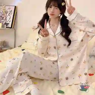夏芬妍 柔软舒适萌狗乐园云朵棉开衫家居服亲肤休闲长袖长裤可外穿春秋款睡衣套装 女款 杏色
