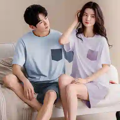 夏芬妍 柔软舒适休闲圆领纯色贴袋纯棉短袖短裤时尚可外穿家居服睡衣套装 男女同款