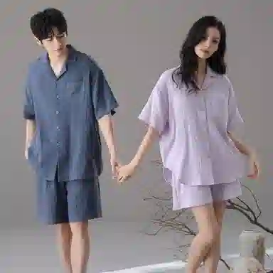 夏芬妍 简约舒适轻盈柔软纯色翻领婴儿棉双层纱家居服休闲亲肤宽松短袖短裤可外穿睡衣套装 男女同款