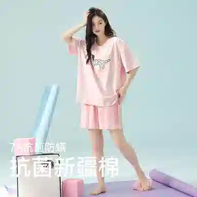 夏芬妍 柔软舒适透气亲肤条纹萌狗圆领家居服休闲凉感短袖时尚可外穿睡衣套装 女款 粉色