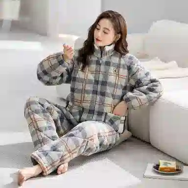 夏芬妍 舒适休闲复古经典格纹立领开衫三层夹棉家居服宽松长袖长裤可外穿秋冬款睡衣套装 女款 橄榄绿
