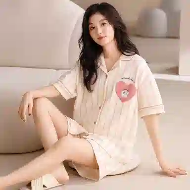 夏芬妍 甜美可爱条纹爱心小狗舒适亲肤宽松短袖短裤时尚翻领可外穿家居服睡衣套装 女款 杏色