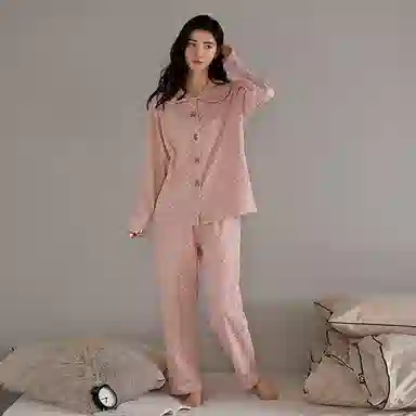 夏芬妍 简约甜美格子满印德绒加厚保暖气质休闲长袖长裤可外穿睡衣套装 女款 粉色