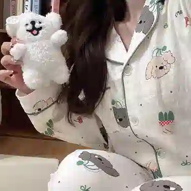 夏芬妍 柔软舒适萌狗乐园云朵棉开衫家居服亲肤休闲长袖长裤可外穿春秋款睡衣套装 女款 杏色