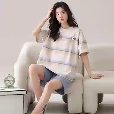 夏芬妍 柔软舒适条纹纯棉圆领家居服休闲舒适短袖时尚可外穿睡衣套装 男女同款