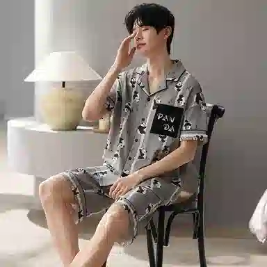 夏芬妍 简约舒适柔软爬树熊猫纯棉翻领家居服透气亲肤宽松短袖短裤可外穿睡衣套装 男女同款