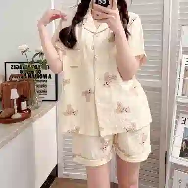 夏芬妍 柔软舒适可爱小熊翻领开衫家居服亲肤休闲短袖短裤可外穿睡衣套装 女款